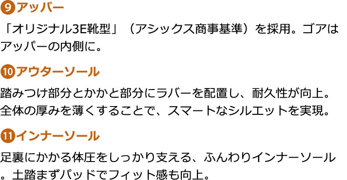 ９：アッパー／「オリジナル3E靴型」（アシックス商事基準）を採用。ゴアはアッパーの内側に。　10：アウターソール／踏みつけ部分とかかと部分にラバーを配置し、耐久性が向上。全体の厚みを薄くすることで、スマートなシルエットを実現。　11：インナーソール／足裏にかかる体圧をしっかり支える、ふんわりインナーソール。土踏まずパッドでフィット感も向上。