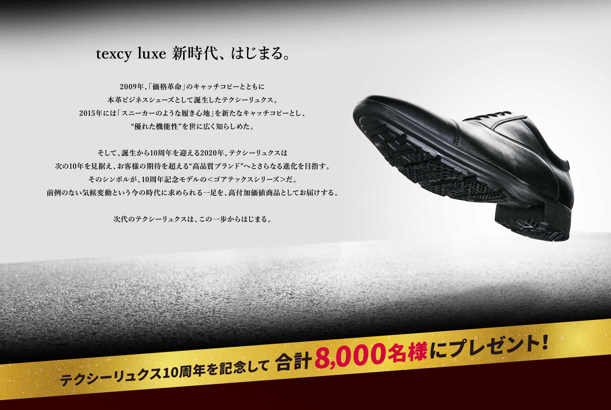 2009年、「価格革命」のキャッチコピーとともに本革ビジネスシューズとして誕生したテクシーリュクス。2015年には「スニーカーのような履き心地」を新たなキャッチコピーとし、“優れた機能性”を世に広く知らしめた。そして、誕生から10周年を迎える2020年。テクシーリュクスは次の10年を見据え、お客様の期待を超える“高品質ブランド”へとさらなる進化を目指す。そのシンボルが、10周年記念モデルの<ゴアテックスシリーズ>だ。前例のない気候変動という今の時代に求められる一足を、高付加価値商品としてお届けする。次代のテクシーリュクスは、この一歩からはじまる。