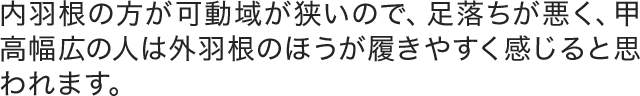 内羽根の方が可動域が狭いので、足落ちが悪く、甲高幅広の人は外羽根のほうが履きやすく感じると思われます。