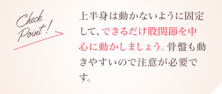 Check Point!上半身は動かないように固定して、できるだけ股関節を中心に動かしましょう。骨盤も動きやすいので注意が必要です。